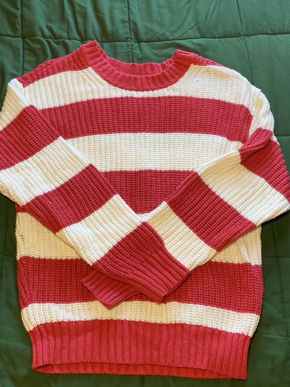 American Eagle Outfitters Red and Cream Striped Crewneck Sweater